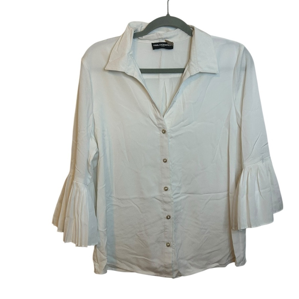 Karl Lagerfeld White Pleated Bell Sleeve Blouse